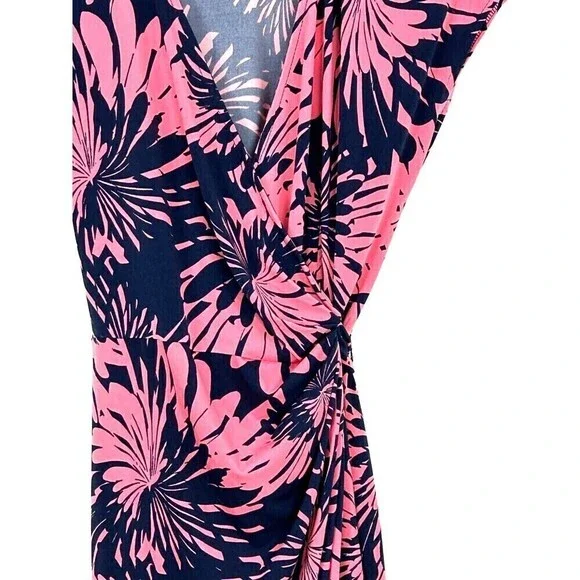 Maggy London Womens Sz 8 Pink And Blue Tropical Floral Cap Sleeve Wrap Dress N4 - Picture 10 of 12